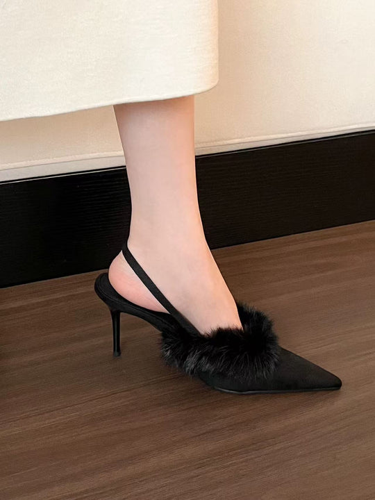 Damen Slingback-Pumps mit luxuriösem Fellbesatz und elegantem spitzem Design R&B