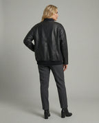 Damen oversized Lederimitat-Überjacke mit kurzem Stehkragen, verdecktem Reißverschluss und markanten Längsnähten R&B