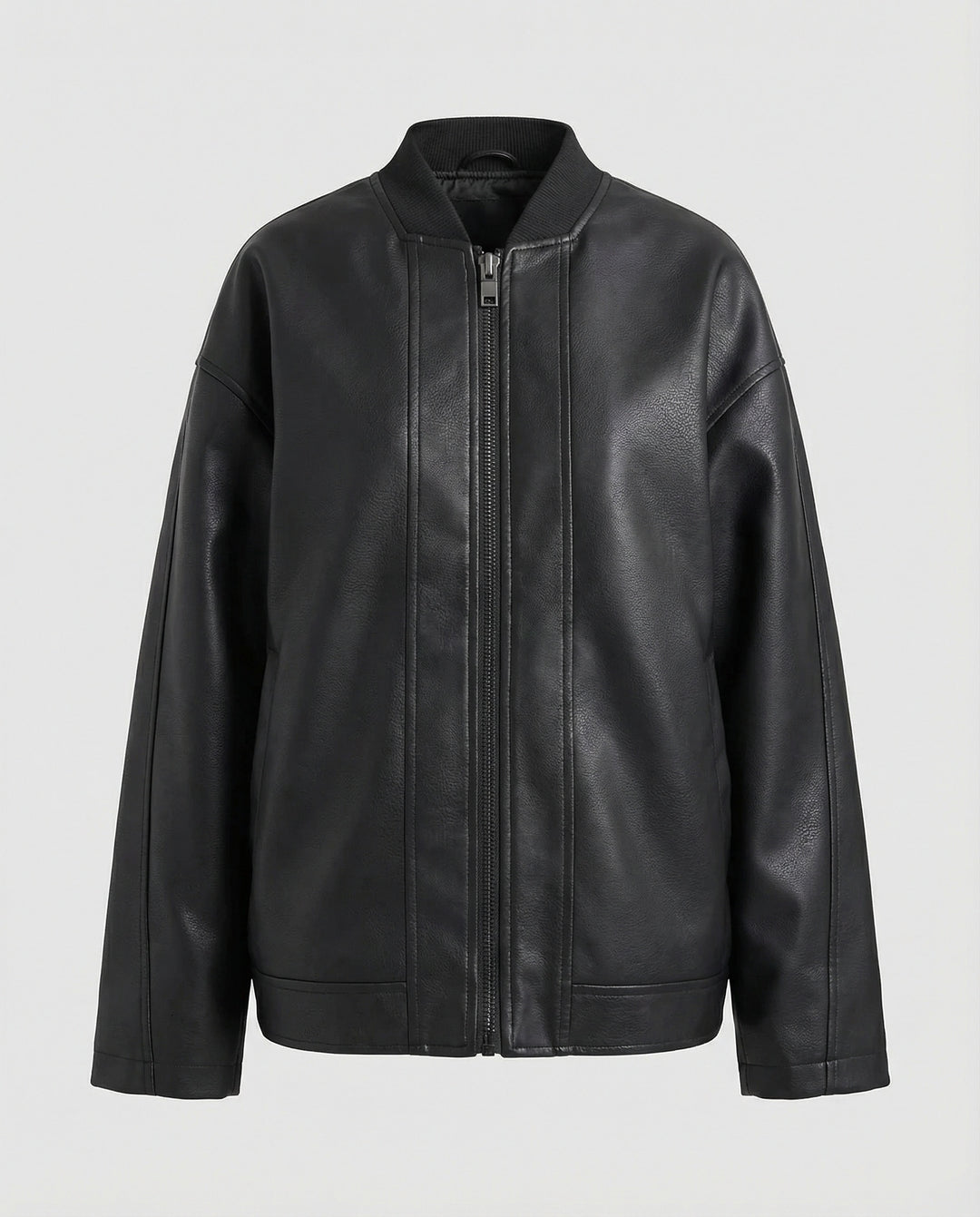 Damen oversized Lederimitat-Überjacke mit kurzem Stehkragen, verdecktem Reißverschluss und markanten Längsnähten R&B