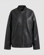 Damen oversized Lederimitat-Überjacke mit kurzem Stehkragen, verdecktem Reißverschluss und markanten Längsnähten R&B
