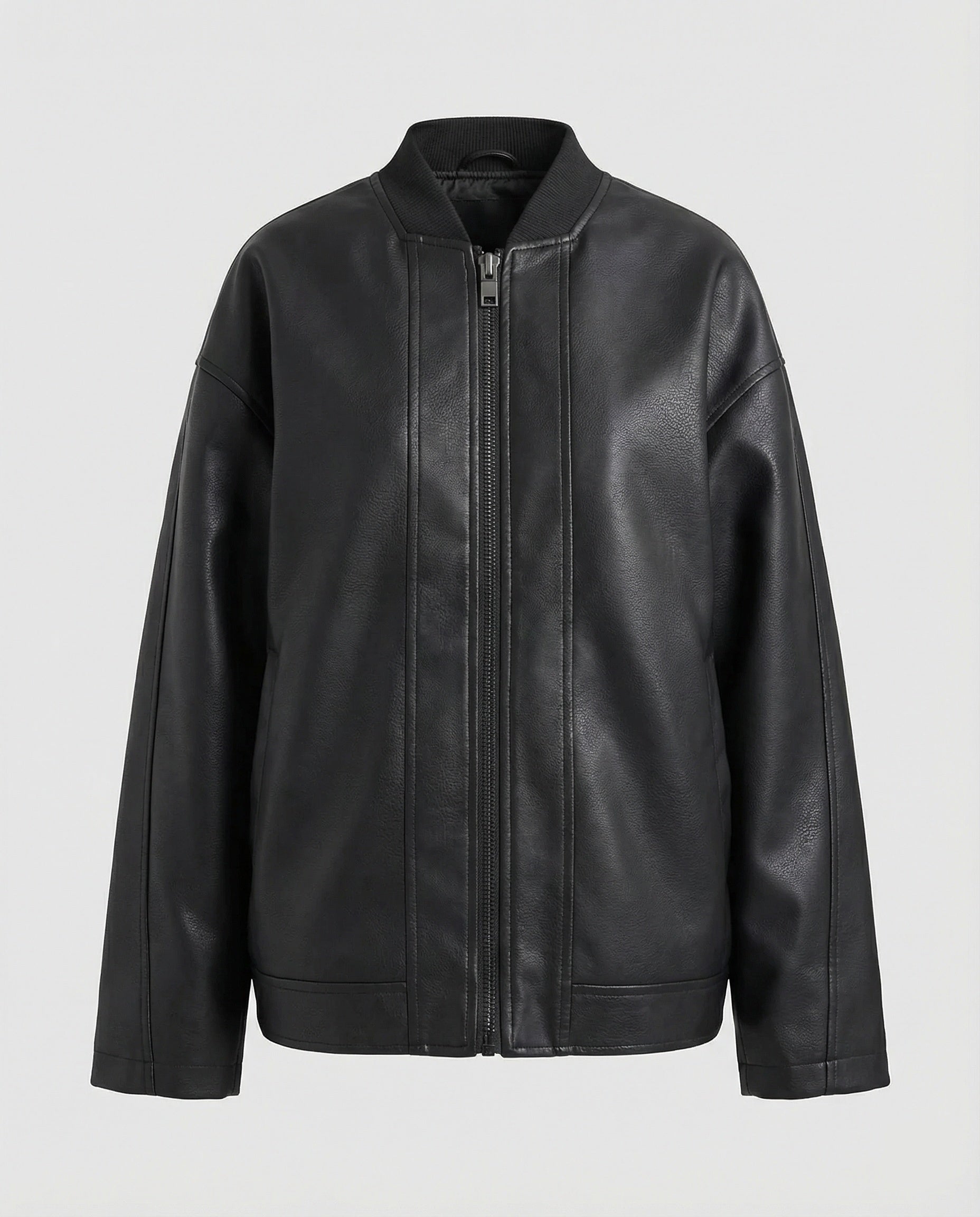 Damen oversized Lederimitat-Überjacke mit kurzem Stehkragen, verdecktem Reißverschluss und markanten Längsnähten R&B