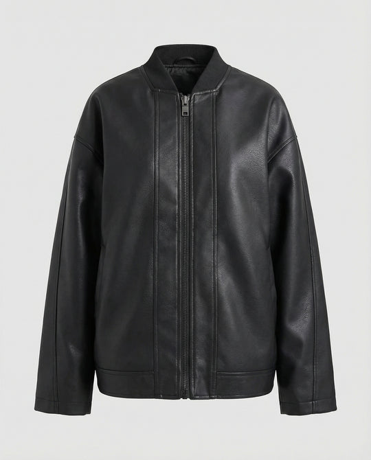 Damen oversized Lederimitat-Überjacke mit kurzem Stehkragen, verdecktem Reißverschluss und markanten Längsnähten R&B