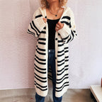 Damen gemütlicher Strickcardigan mit modischem Streifenmuster und Kapuze R&B