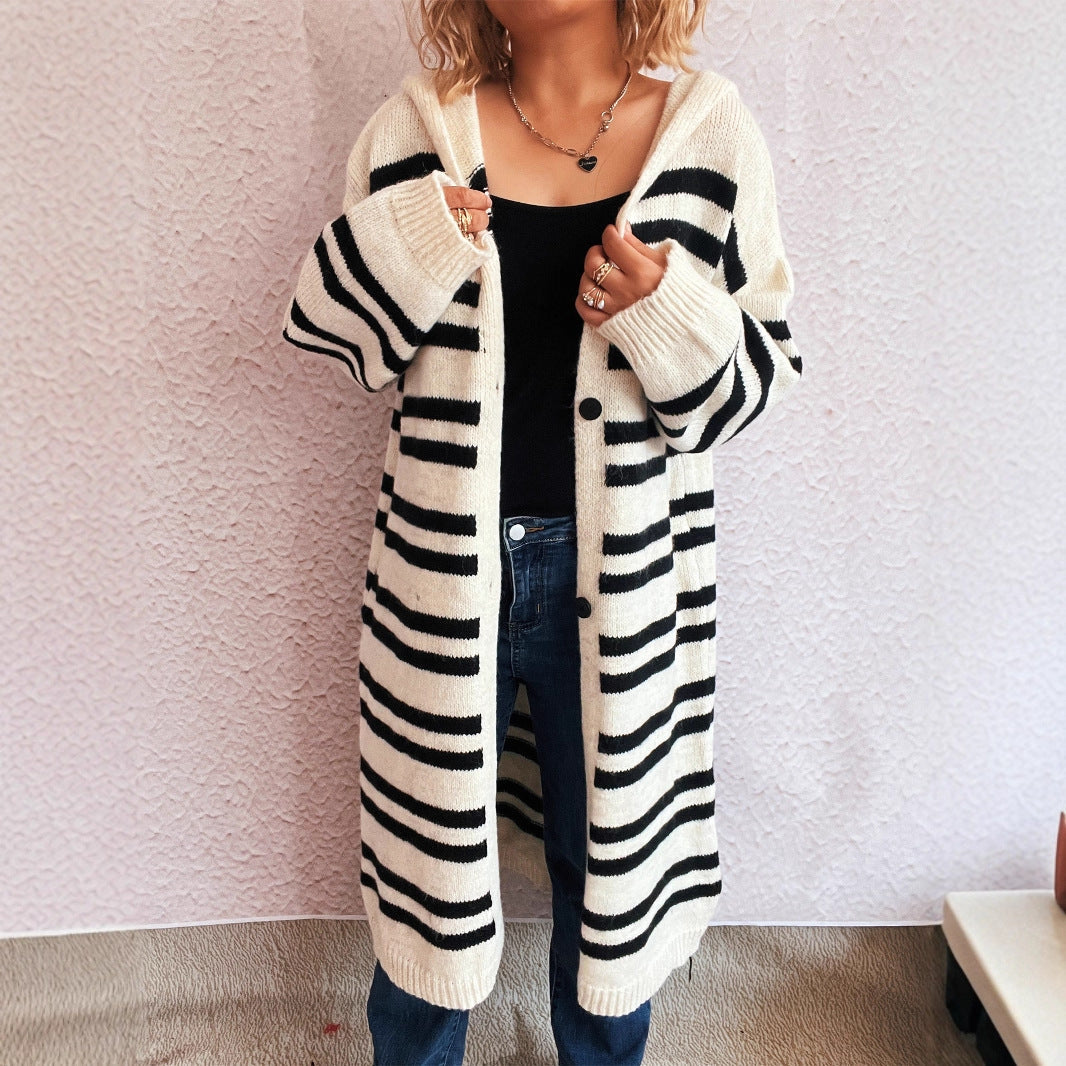 Damen gemütlicher Strickcardigan mit modischem Streifenmuster und Kapuze R&B