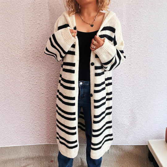 Damen gemütlicher Strickcardigan mit modischem Streifenmuster und Kapuze R&B