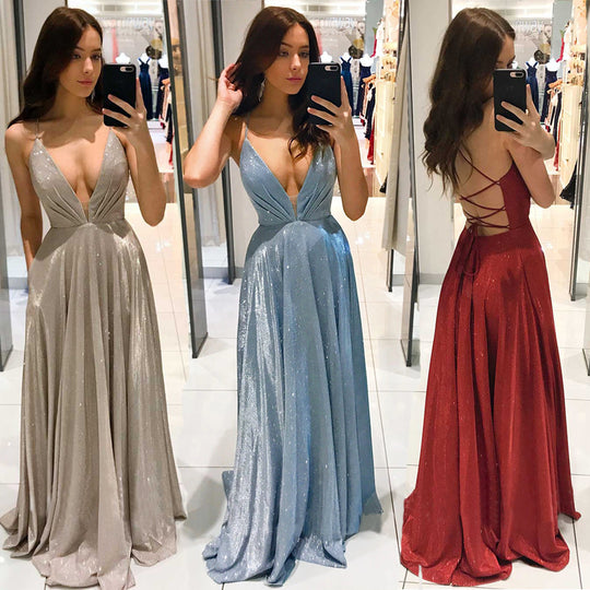 Damen Glamouröses Abendkleid mit tiefem V-Ausschnitt und funkelnden Details R&B