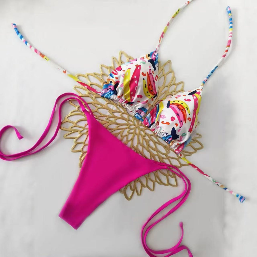 Damen Bikini-Set mit buntem Obstmuster und seitlichem Knoten R&B