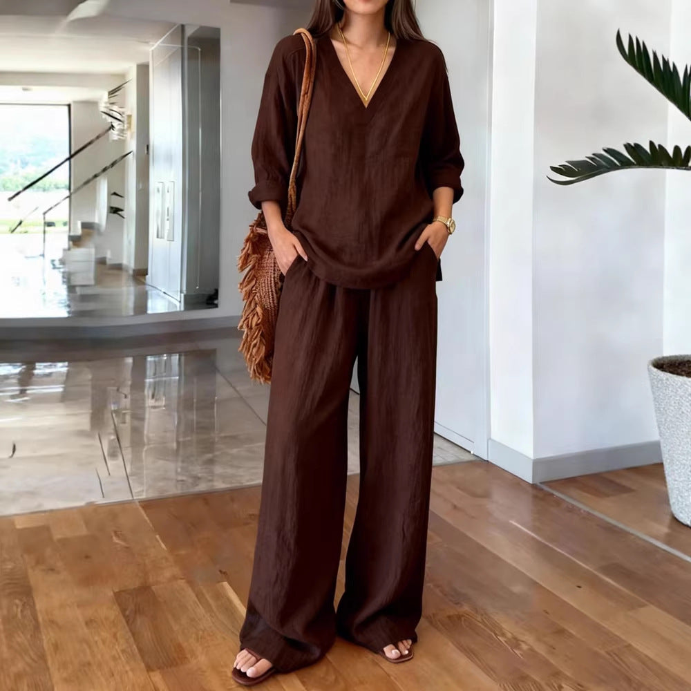 Damen Leichte Sommerhose mit weitem Schnitt und V-Ausschnitt Shirt R&B