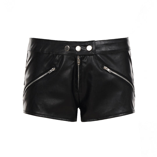 Damen Kunstleder Shorts mit angeschnittenem Schnitt und praktischen Reißverschlusstaschen R&B