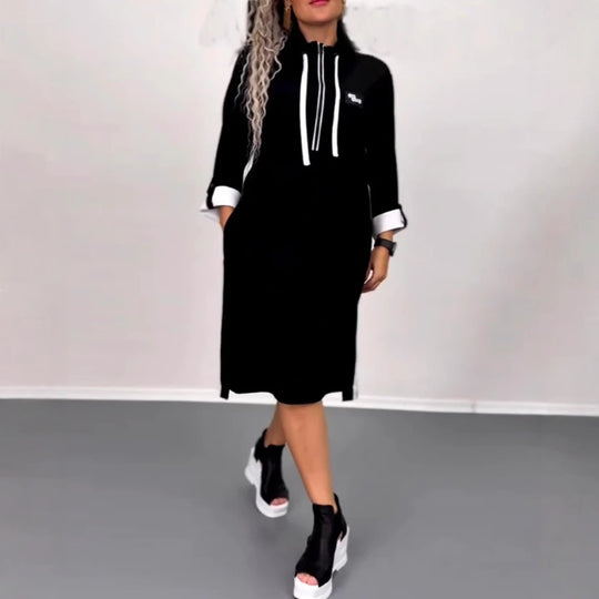 Damen nan Hoodie-Midikleid mit Kapuze, Kordelzug und krempelbaren Manschetten R&B