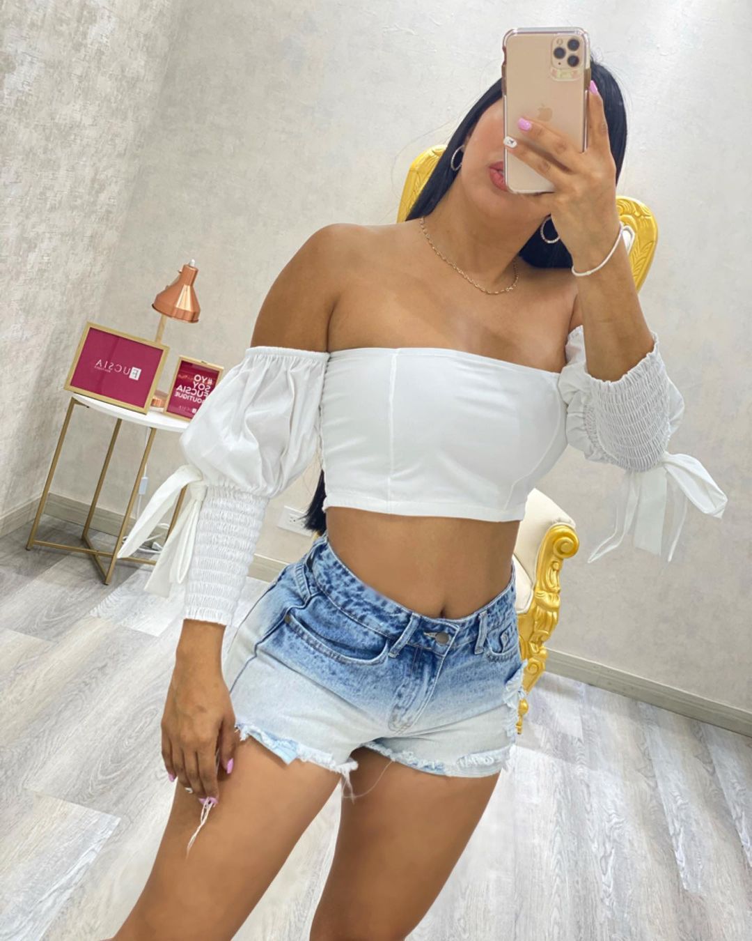 Damen Crop Top mit Puffärmeln und elastischen Bündchen R&B