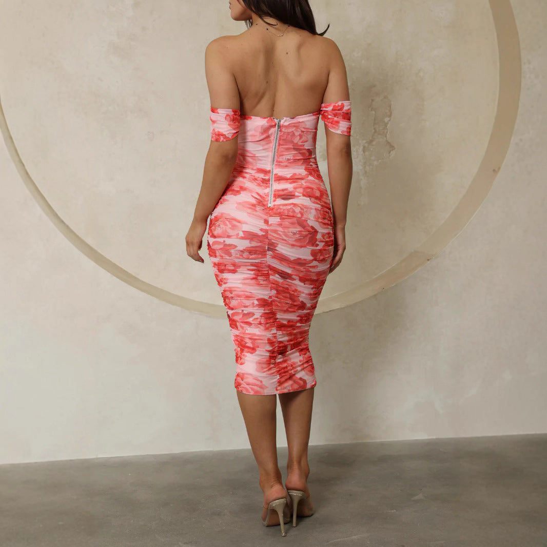 Damen Figurbetontes Midikleid mit schulterfreiem Design und floralem Print R&B