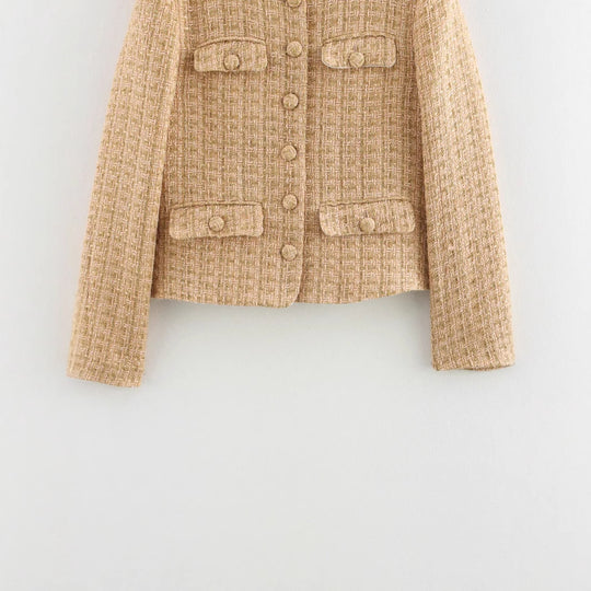 Damen elegante Bouclejacke mit goldenen Knöpfen und aufgesetzten Taschen R&B