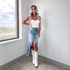 Damen Jeansrock mit fransigem Saum und hohem Schlitz R&B