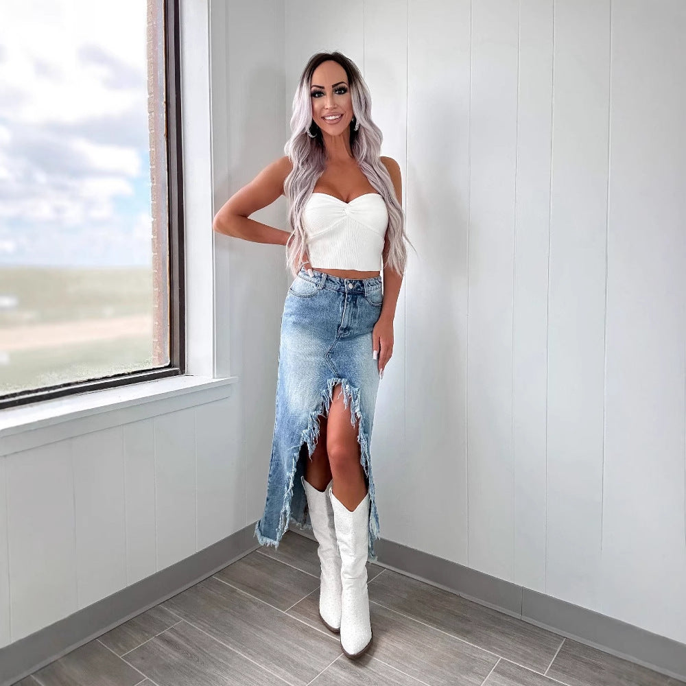 Damen Jeansrock mit fransigem Saum und hohem Schlitz R&B