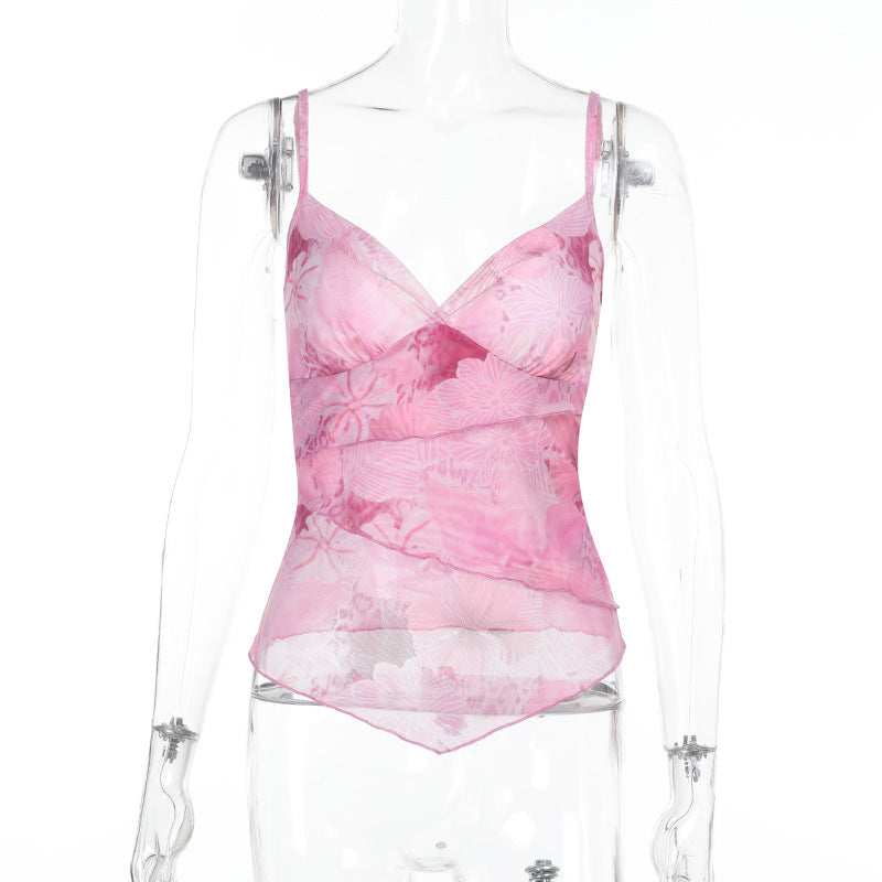 Damen Seidiges Spaghetti-Trägertop mit floralem Design R&B
