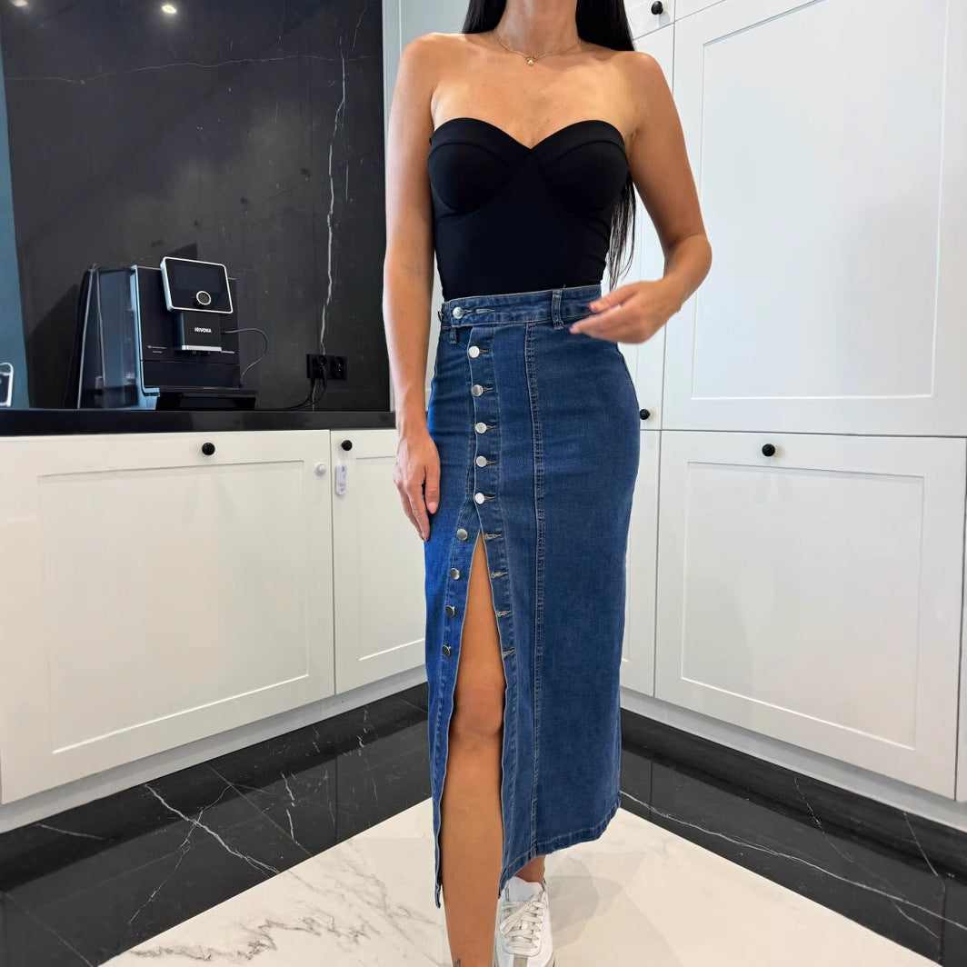 Damen Baumwoll-Denimrock mit Knopfleiste und Schlitz R&B