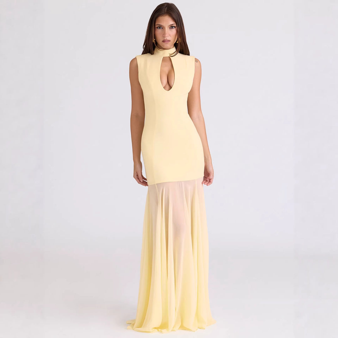 Damen Elegantes Kleid mit hohen Kragen und Schlitz R&B