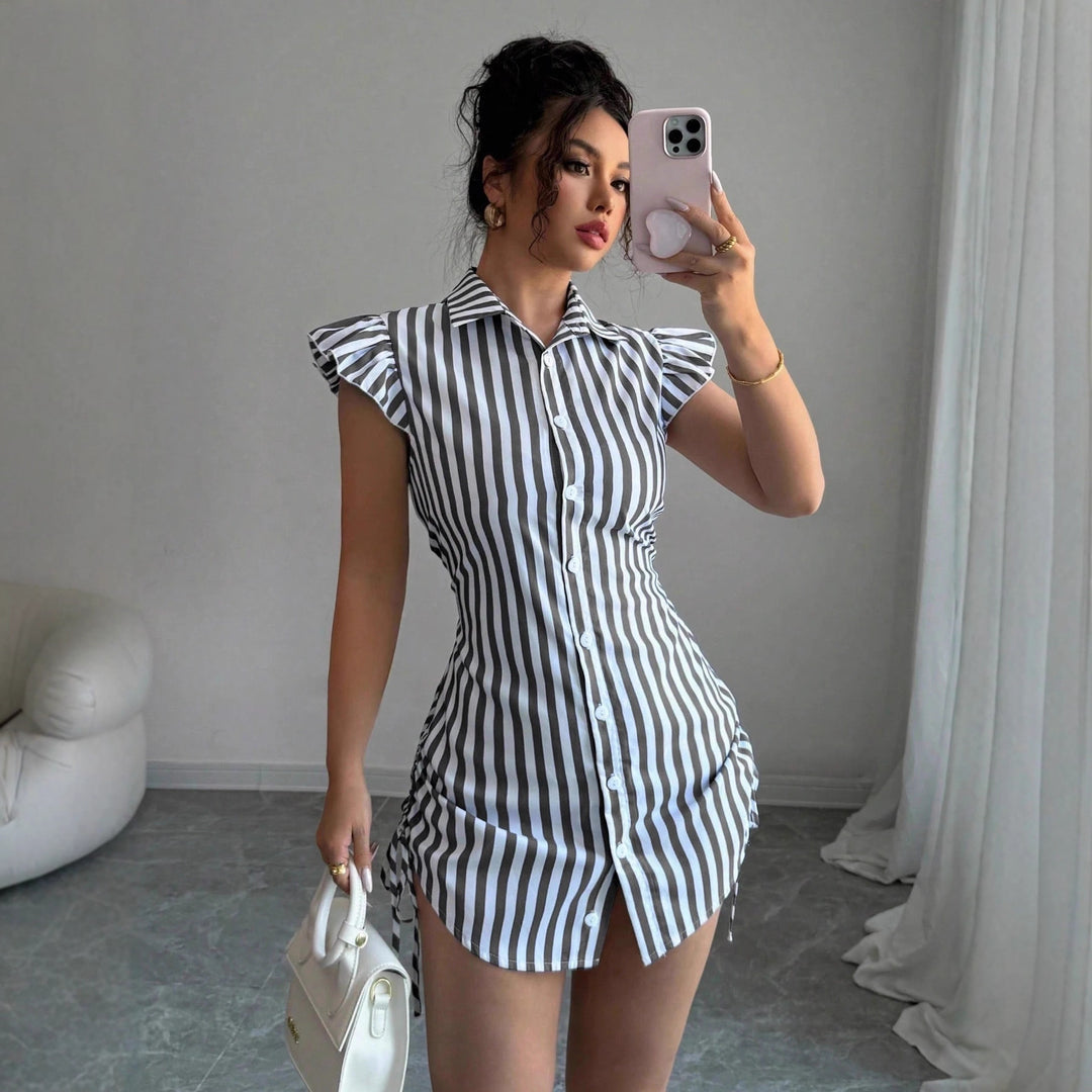 Damen gestreiftes Hemdkleid mit Rüschendetails und taillierter Passform R&B