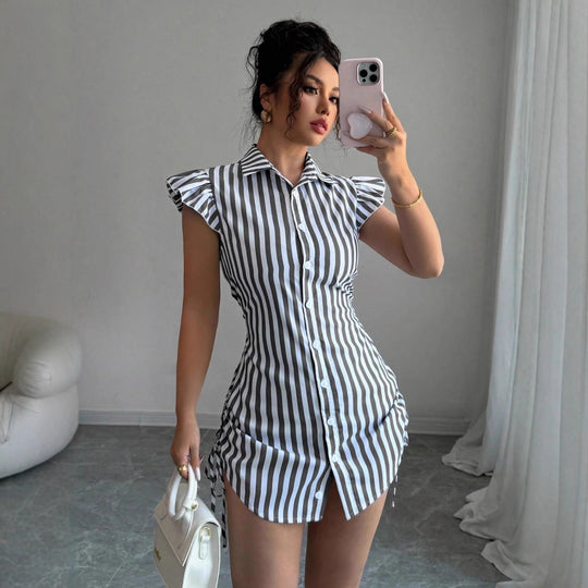Damen gestreiftes Hemdkleid mit Rüschendetails und taillierter Passform R&B