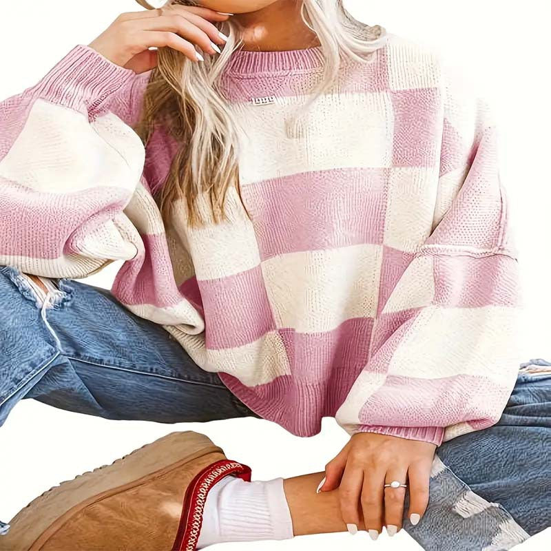 Damen lässiger kariert Pullover mit weiten Ärmeln und Rundhalsausschnitt R&B