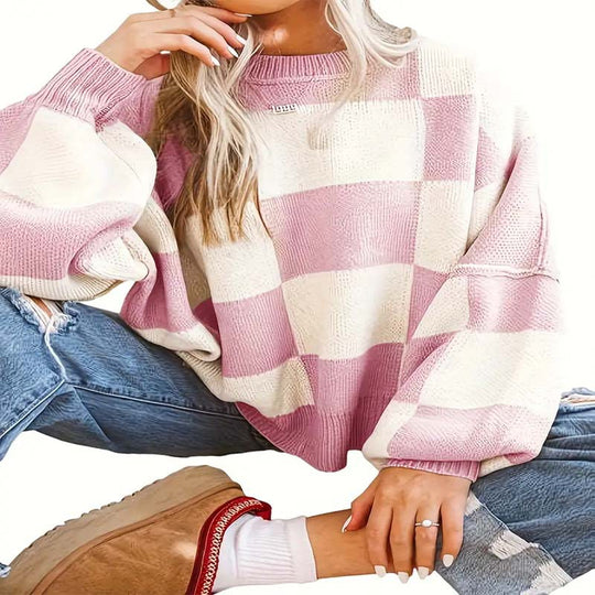 Damen lässiger kariert Pullover mit weiten Ärmeln und Rundhalsausschnitt R&B