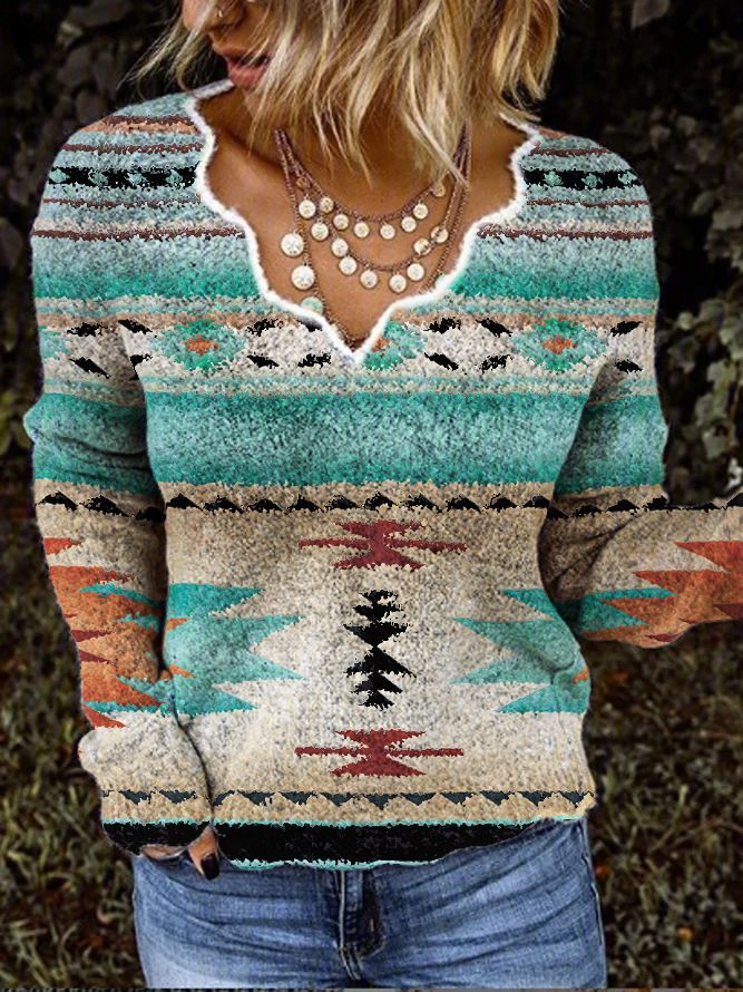 Damen Pullover mit strukturiertem Geometric-Design und V-Ausschnitt R&B