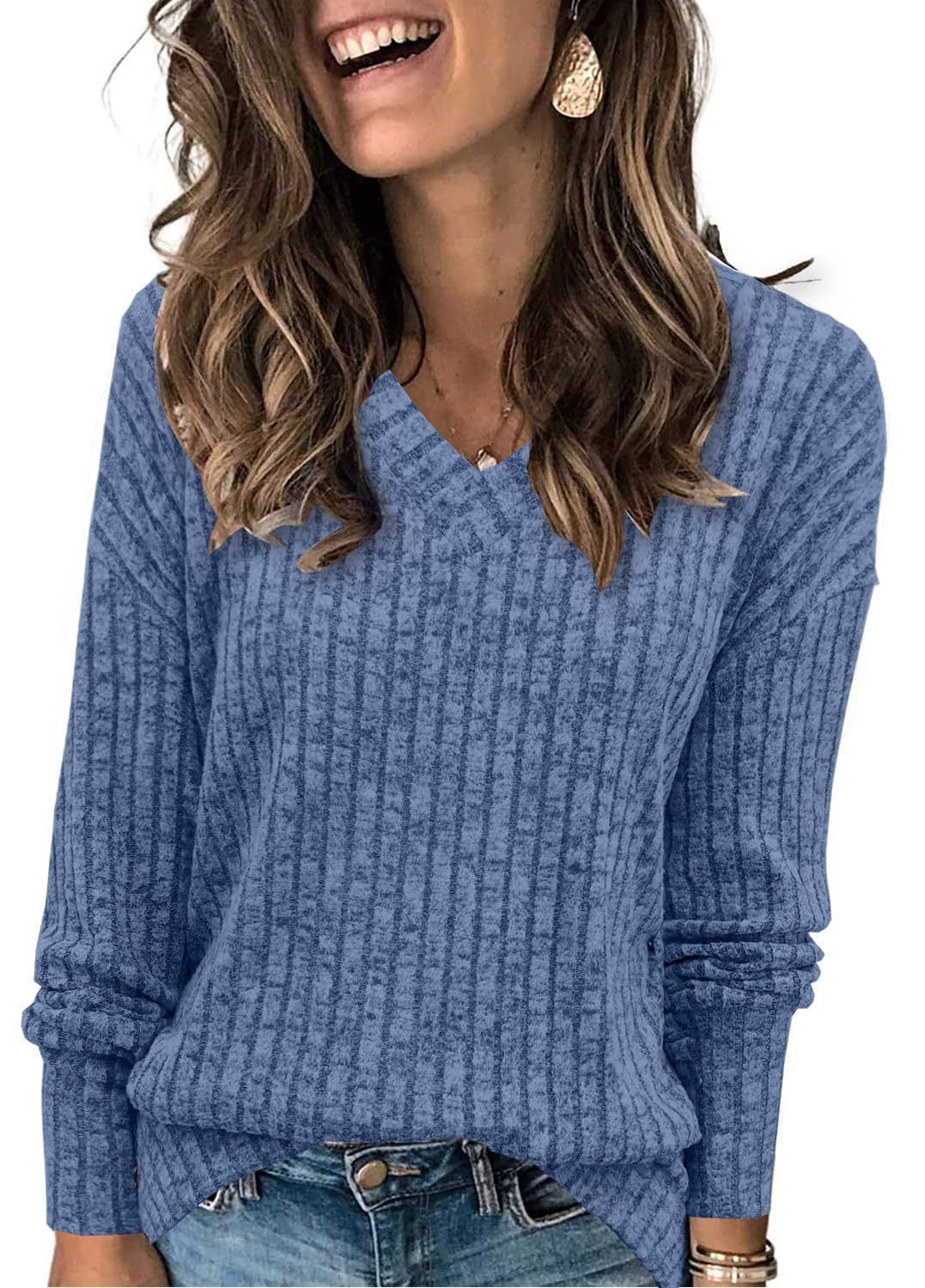 Damen V-Ausschnitt Pullover mit Rippstruktur