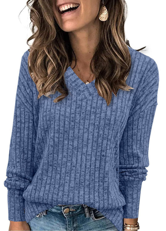 Damen V-Ausschnitt Pullover mit Rippstruktur R&B