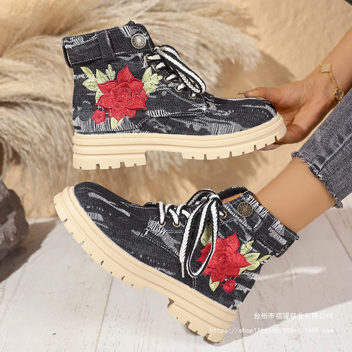 Damen Modische Schnürstiefeletten mit floralem Stickmuster und rutschfester Sohle R&B