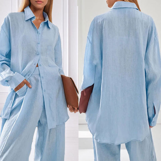 Damen lässiges Leinen-Hemd- und Hosen-Set R&B