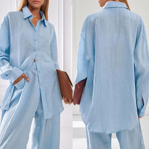 Damen lässiges Leinen-Hemd- und Hosen-Set R&B