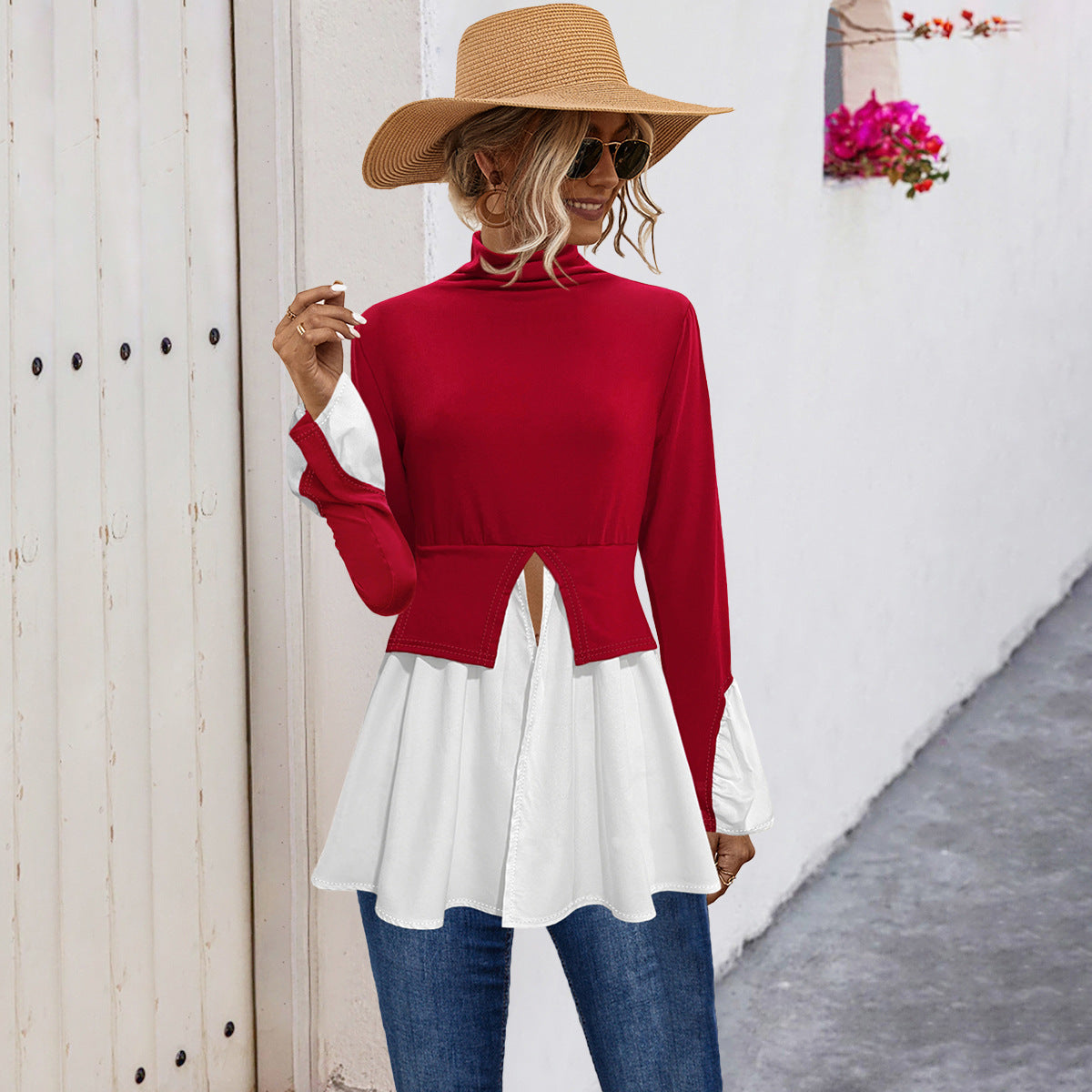 Damen Modisches Hemdblusenshirt mit hohem Kragen und asymmetrischem Schnitt R&B