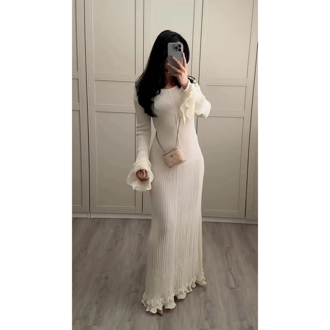 Damen Elegantes Strickkleid mit Rüschendetails und langen Ärmeln R&B