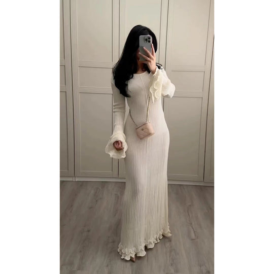 Damen Elegantes Strickkleid mit Rüschendetails und langen Ärmeln R&B