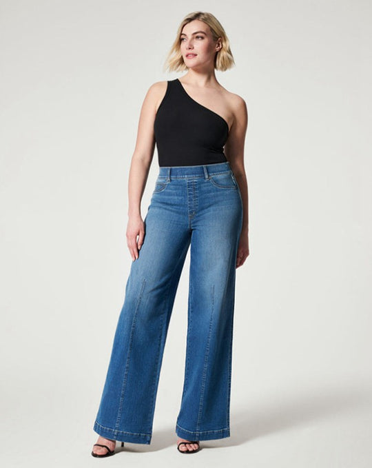 Damen weite High-Waist Jeans mit eleganter Schnittführung und markanten Nahtdetails R&B