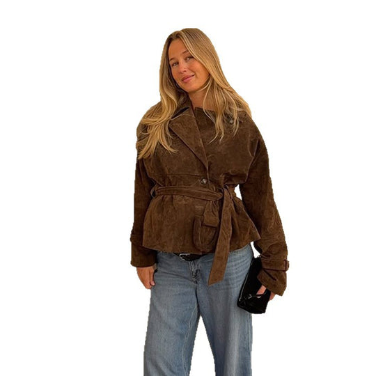 Damen modische Wildlederjacke mit Taillengürtel und voluminösen Ärmeln R&B