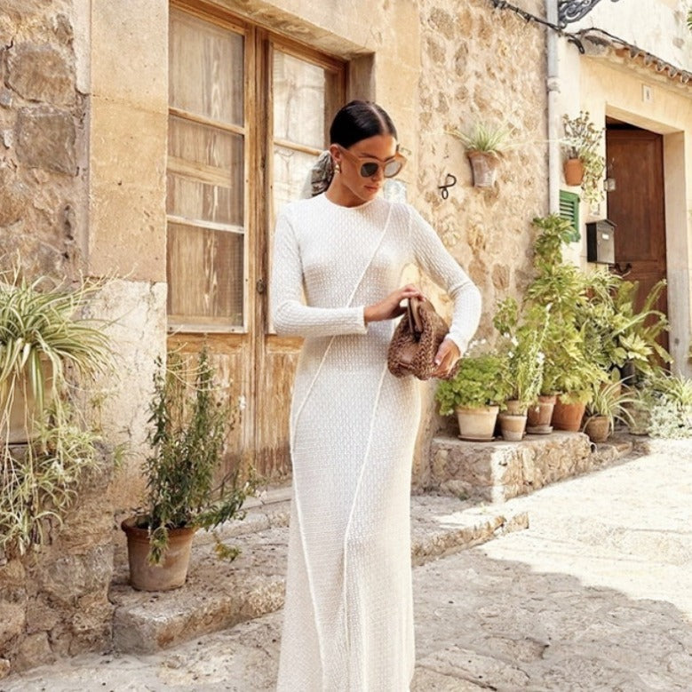 Damen Strickmaxikleid mit strukturiertem Design und langem Ärmel R&B