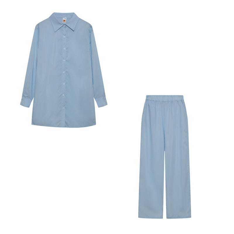 Damen Satin Pyjama Set mit langärmliger Bluse und weiten Hosen R&B