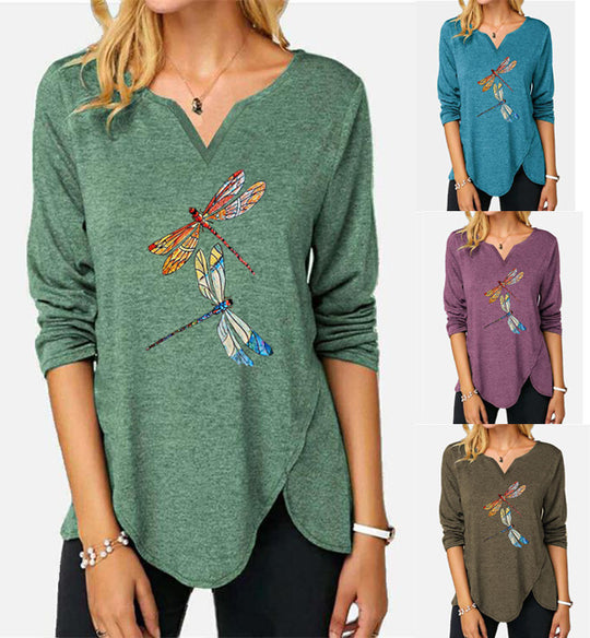 Damen V-Ausschnitt Langarmshirt mit Drachenfliegen-Print R&B