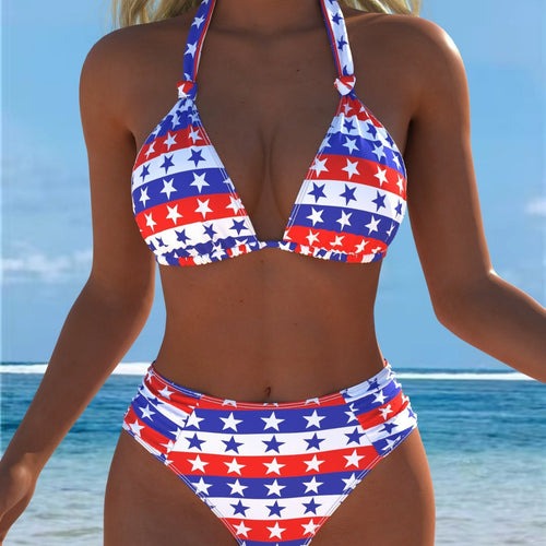 Damen Triangel-Bikini mit hohem Bund und patriotischem Sternen-Muster R&B