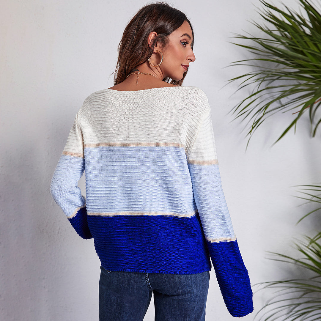 Damen Off-Shoulder Strickpullover mit modernen Farbblock-Design R&B