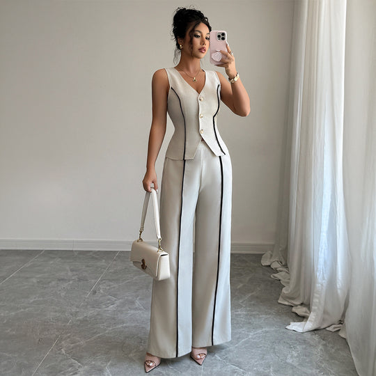 Damen elegante Hose-Anzug mit tailliertem Oberteil und Knopfdetails R&B