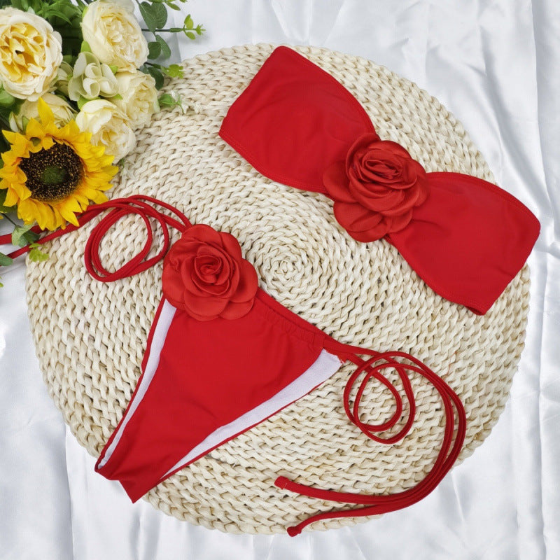 Damen Bandeau-Bikini mit floralem Akzent und verstellbaren Trägern R&B