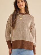 Damen lässiger Strickpullover mit modernem Rippenmuster und überschnittenen Schultern R&B