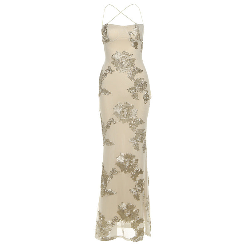 Damen Elegantes Bodenkonturierendes Maxikleid mit Spaghettiträgern und floralem Design R&B