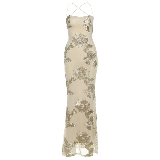 Damen Elegantes Bodenkonturierendes Maxikleid mit Spaghettiträgern und floralem Design R&B