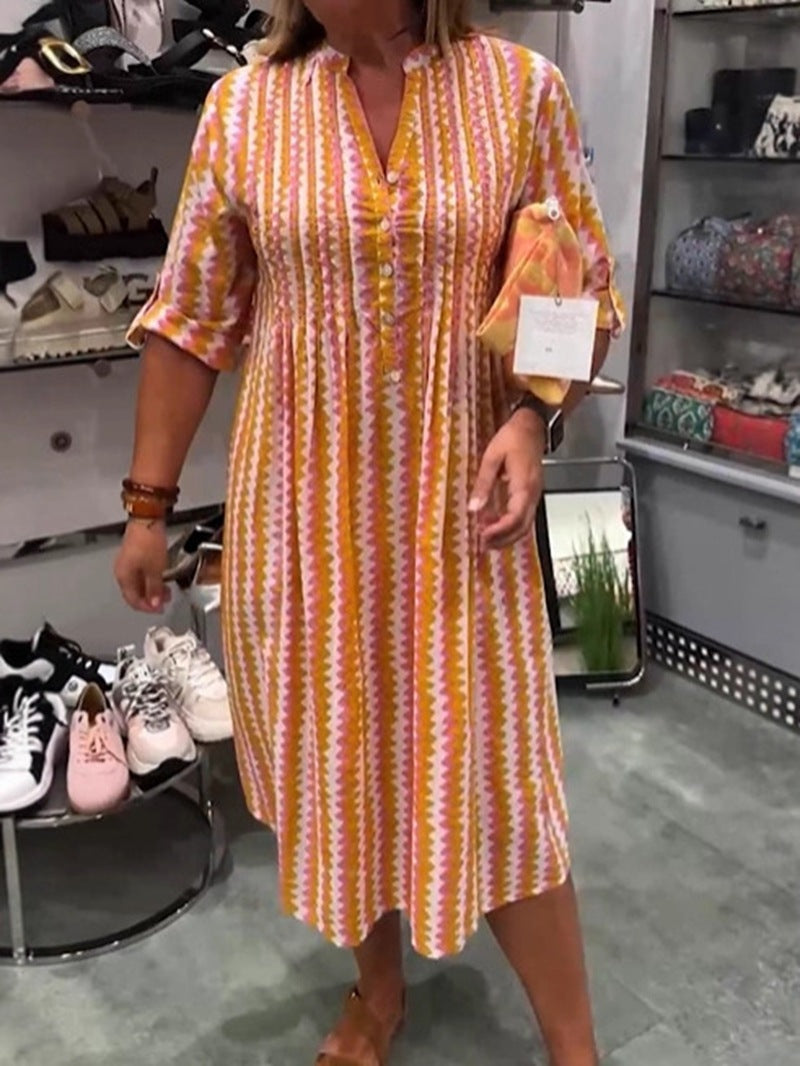 Damen nan Midikleid mit Unterbrustnaht, V-Ausschnitt, Knopfleiste und krempelbaren dreiviertelärmeln R&B