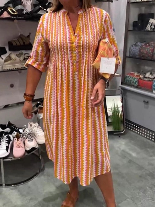 Damen nan Midikleid mit Unterbrustnaht, V-Ausschnitt, Knopfleiste und krempelbaren dreiviertelärmeln R&B