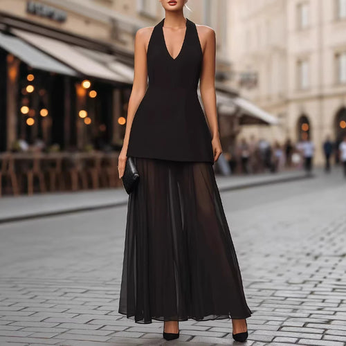 Damen Elegantes Maxikleid mit tiefem V-Ausschnitt und transparentem Überrock R&B